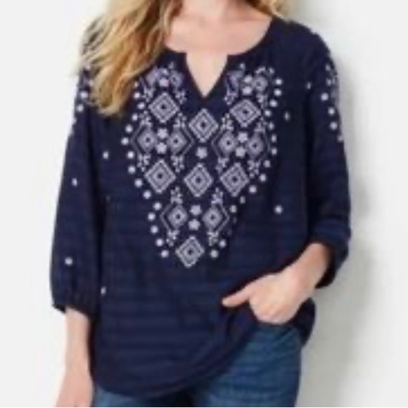 J JILL sz XL Embroidered Tunic Casual Striped LagenlookJOHNNY WAS Vibes $99 NEW - Picture 9 of 16